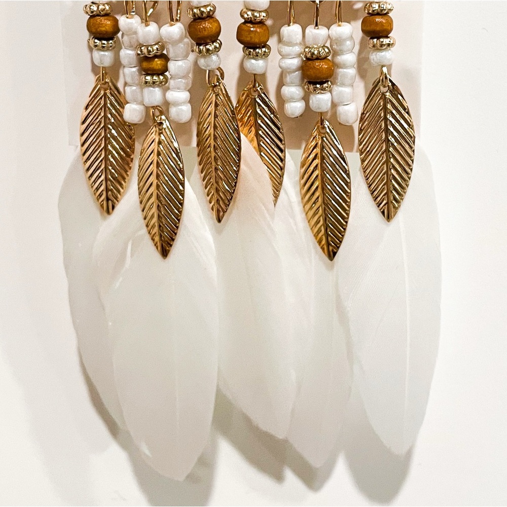 Gold and White Boho Western Feather Dangle Earrings - Picture 3 of 4